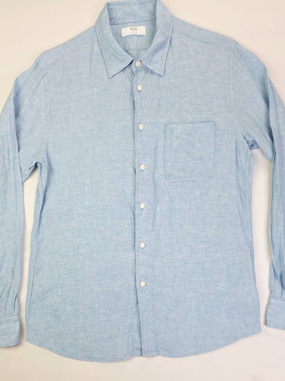 Uniqlo Powder Blue Linen Mens Size Medium Long Sleeve Button Up Pocket Shirt
